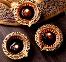 Tribal Design Round Brass Diwali Diya Pack of 3